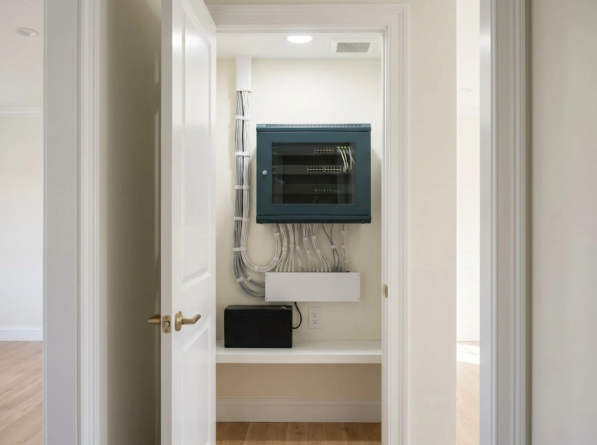 Tidy network equipment closet with neatly dressed cables inside a newly finished Massachusetts colonial home