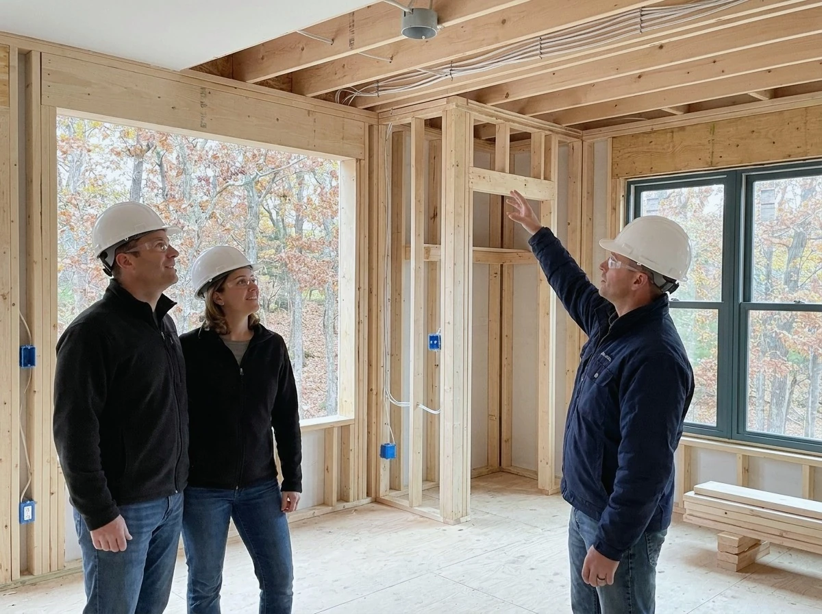 Homeowners and a project lead in hard hats walking through a framed North Shore home to review wiring locations