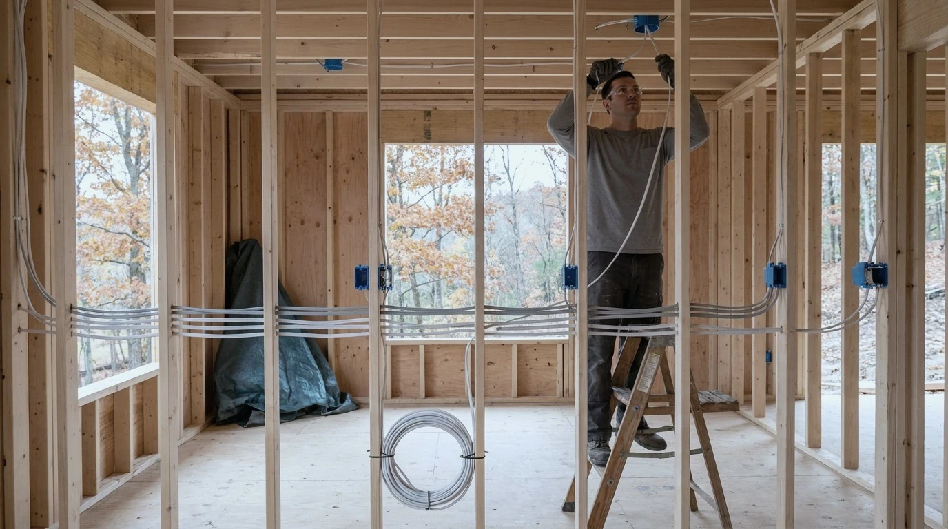 Electrician running low voltage cable through open wall framing in a new North Shore Massachusetts home in autumn