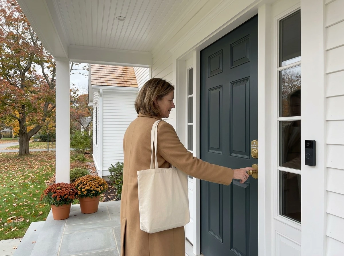 Homeowner unlocking a front door with a keypad smart lock beside a video doorbell at a new Massachusetts colonial home