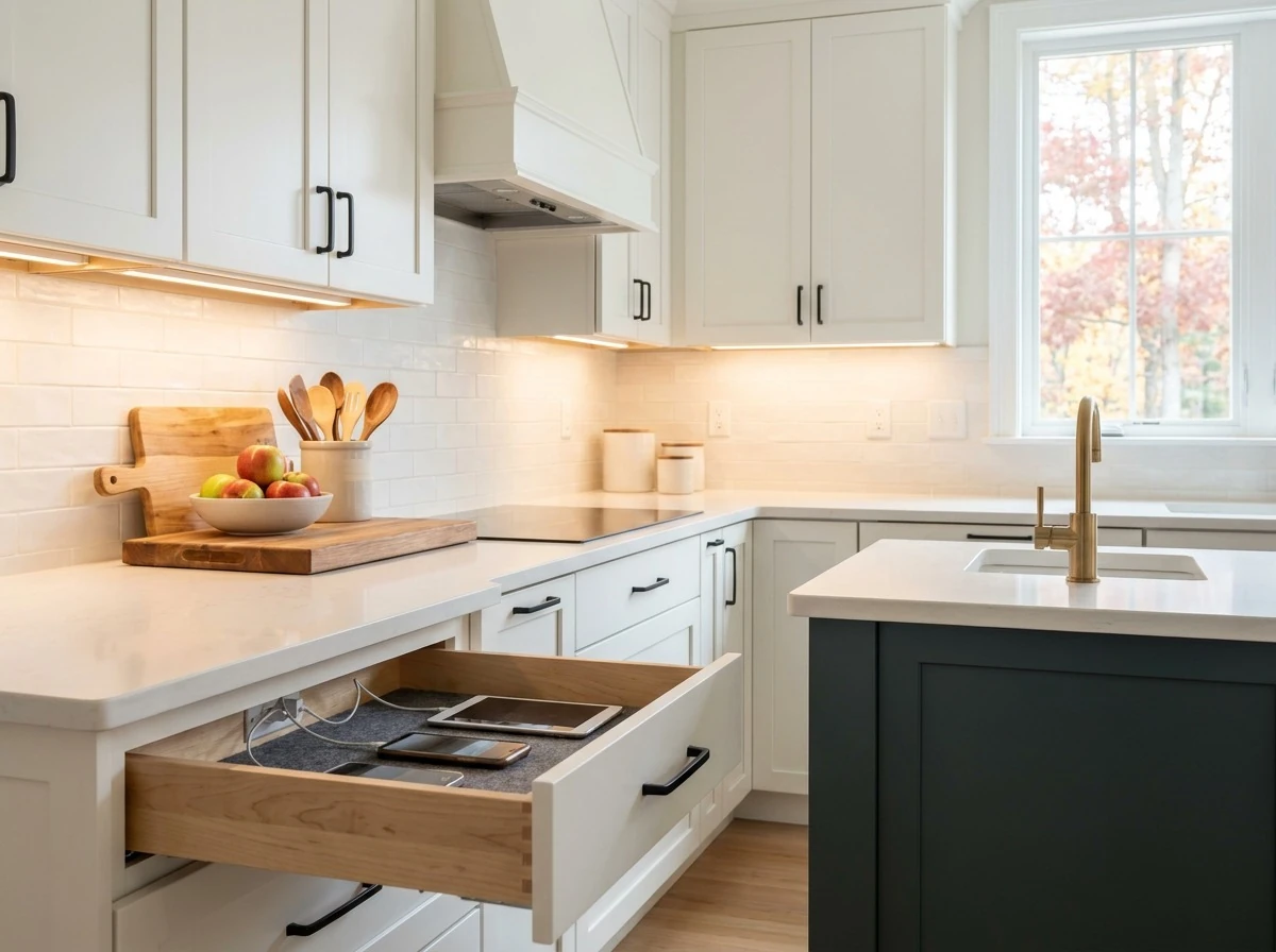 Bright new kitchen with under-cabinet lighting and an open charging drawer in a North Shore Massachusetts custom home