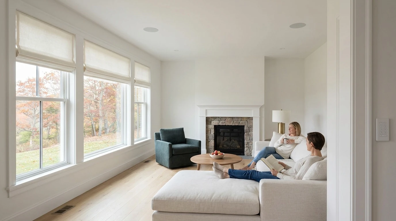 Couple relaxing in a bright new great room with motorized shades and ceiling speakers in a North Shore Massachusetts home