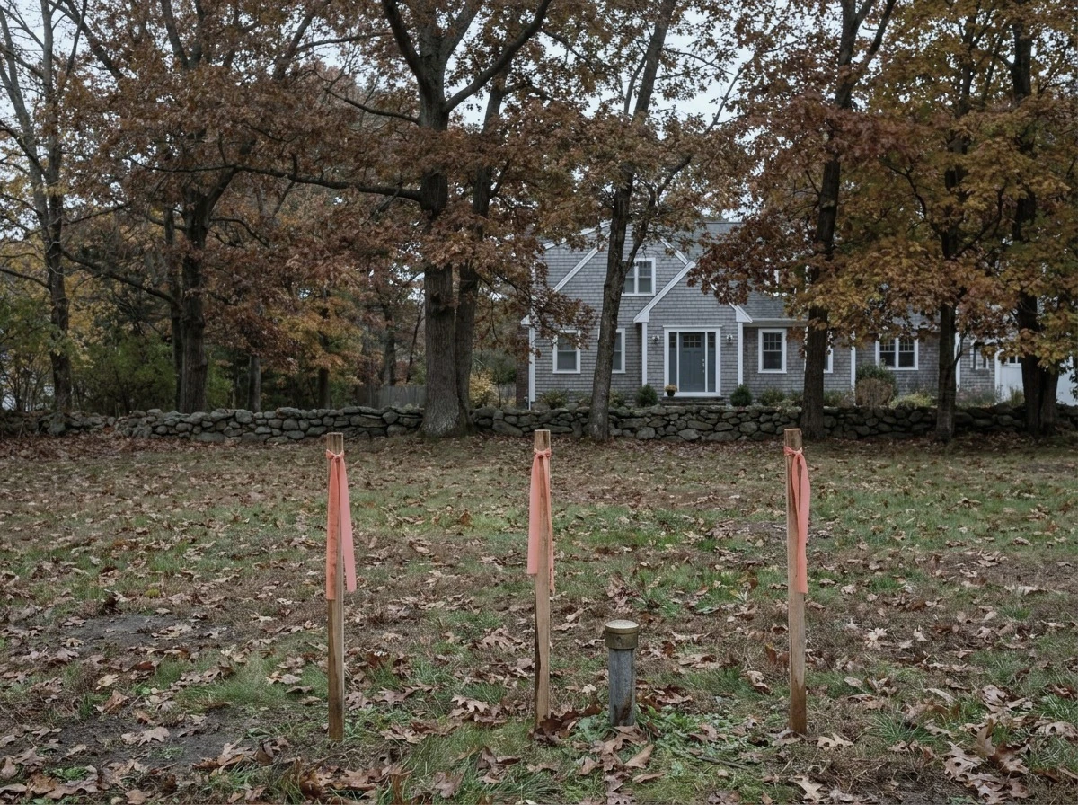 Wooden survey stakes with orange ribbon marking new lot lines along a quiet North Shore street in autumn Massachusetts