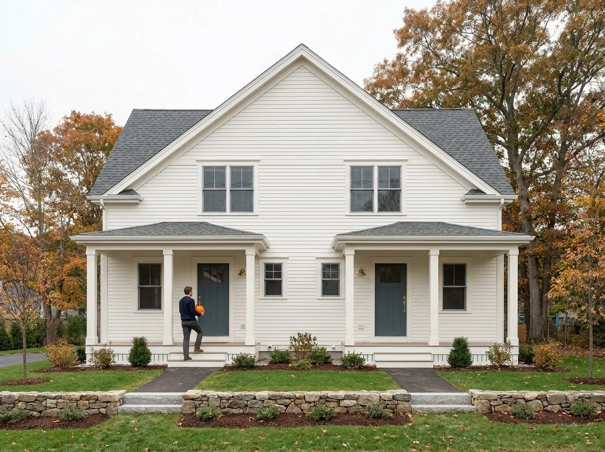 Newly built side-by-side two-family home with twin porches on a wooded lot along a North Shore Massachusetts street in autumn