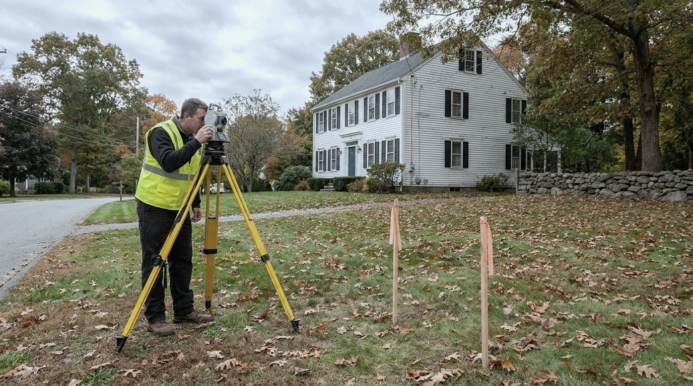 Land surveyor with a tripod instrument measuring a wooded lot beside an older colonial home in autumn Massachusetts