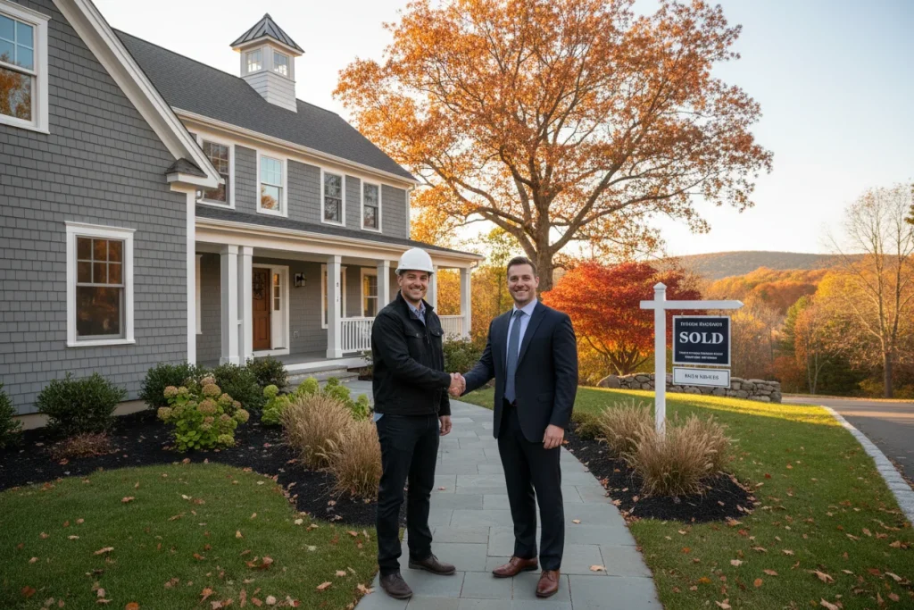 Builder and homeowner at completed residential project in Massachusetts