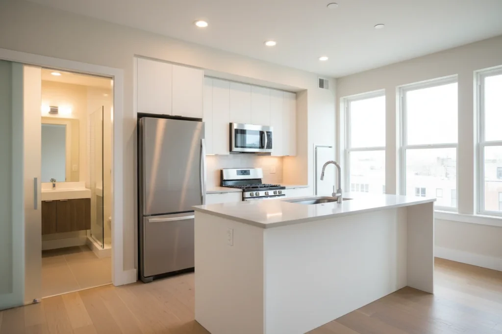 Completed apartment unit interior showing kitchen and finishes ready for tenant occupancy