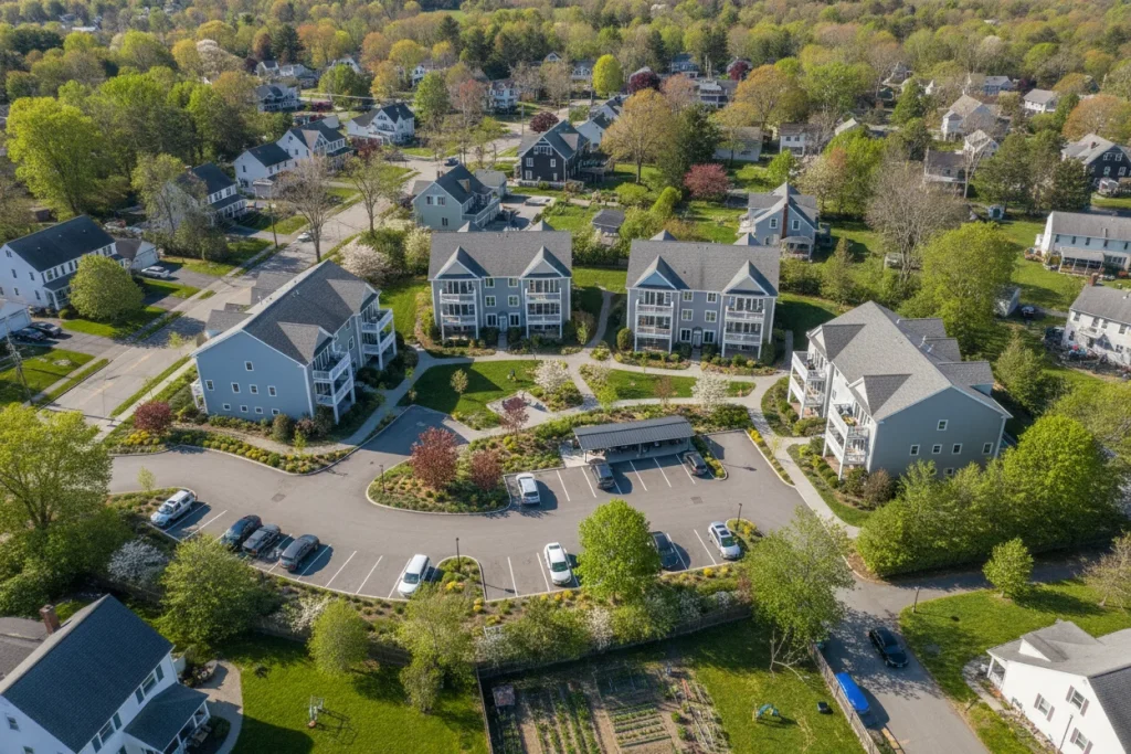 Completed multifamily development integrated into a Massachusetts suburban neighborhood
