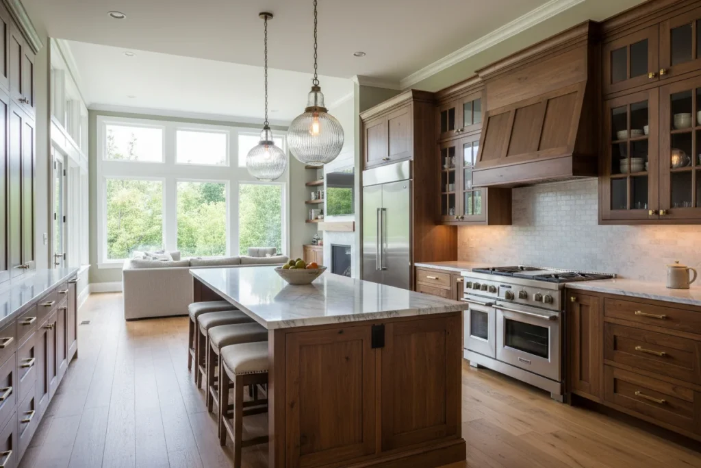 Custom home kitchen interior showing quality cabinetry, countertops, and finish work