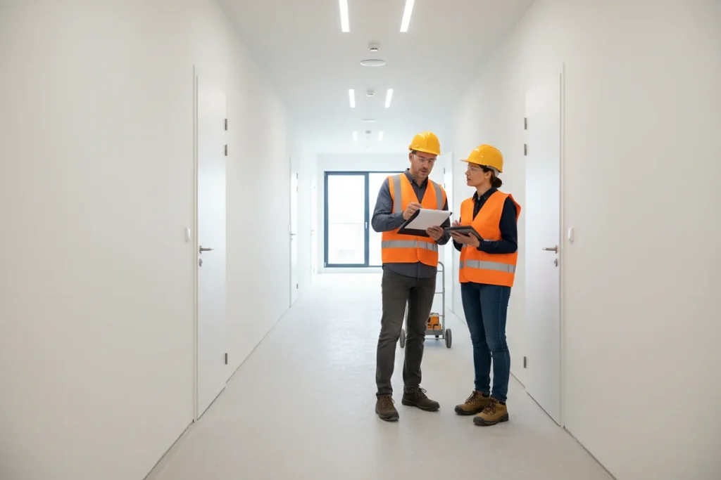 Building inspector and construction manager conducting final review in completed apartment building