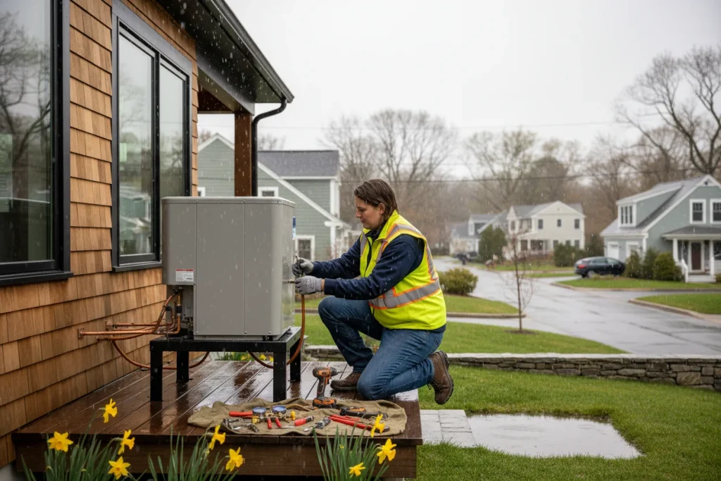 Heat pump installation at a new energy-efficient custom home in Massachusetts