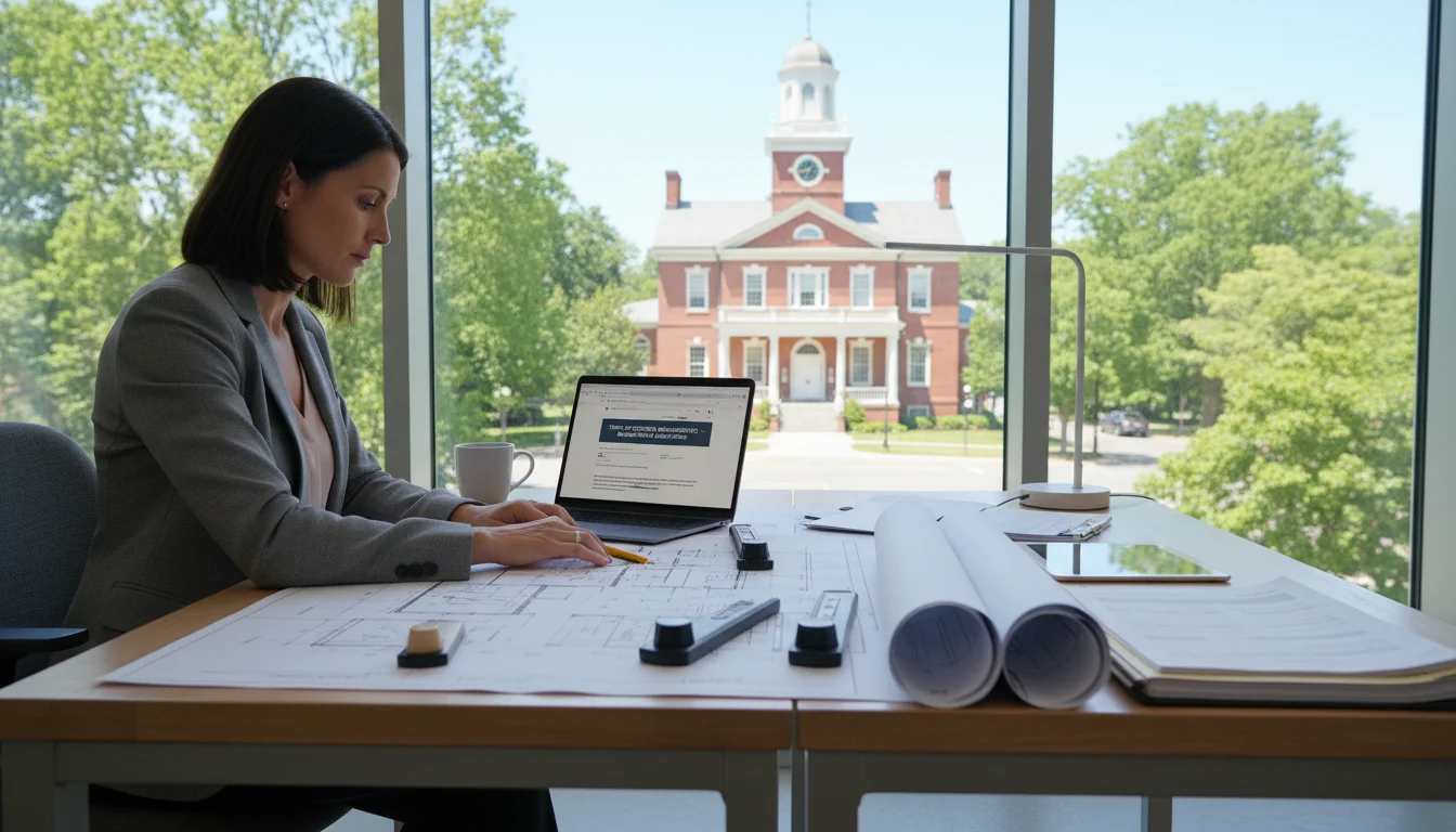 Construction professional managing Massachusetts building permit documents and zoning plans