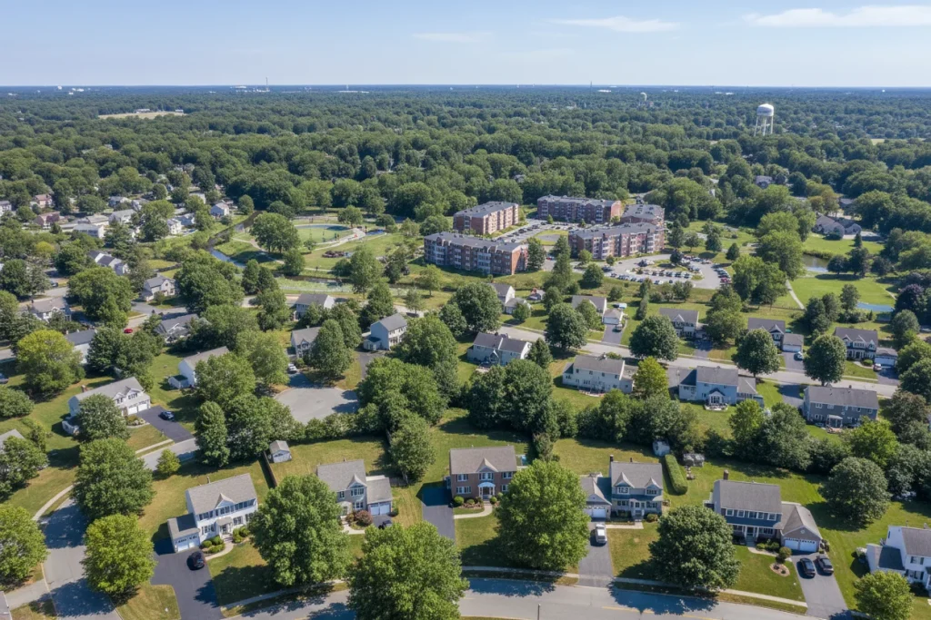 Aerial view of Massachusetts suburban neighborhood with multifamily development integrated among single-family homes