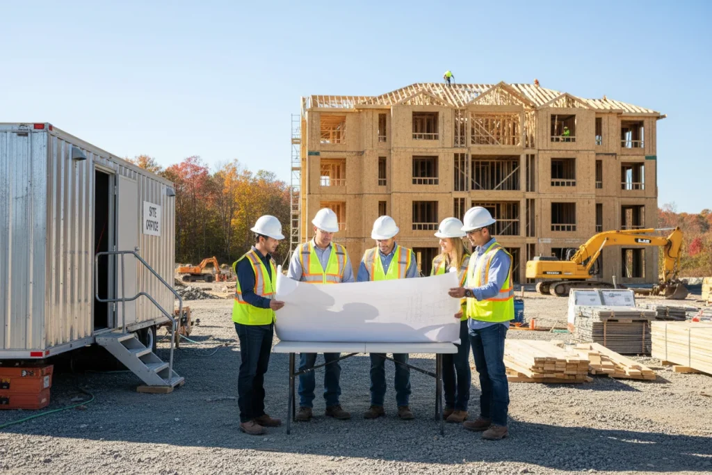 Construction team reviewing plans at a multifamily building site in Massachusetts