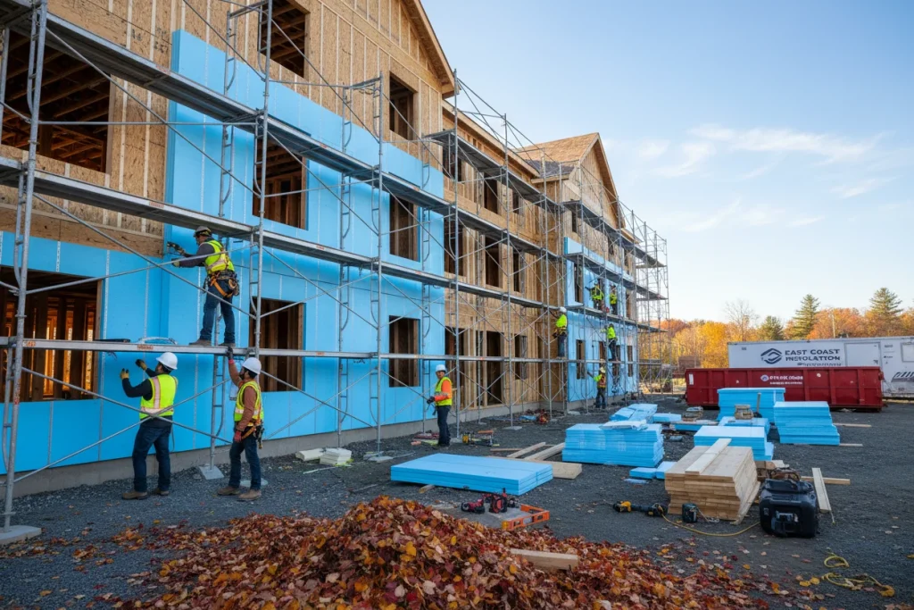 Exterior insulation installation on a multifamily building under construction