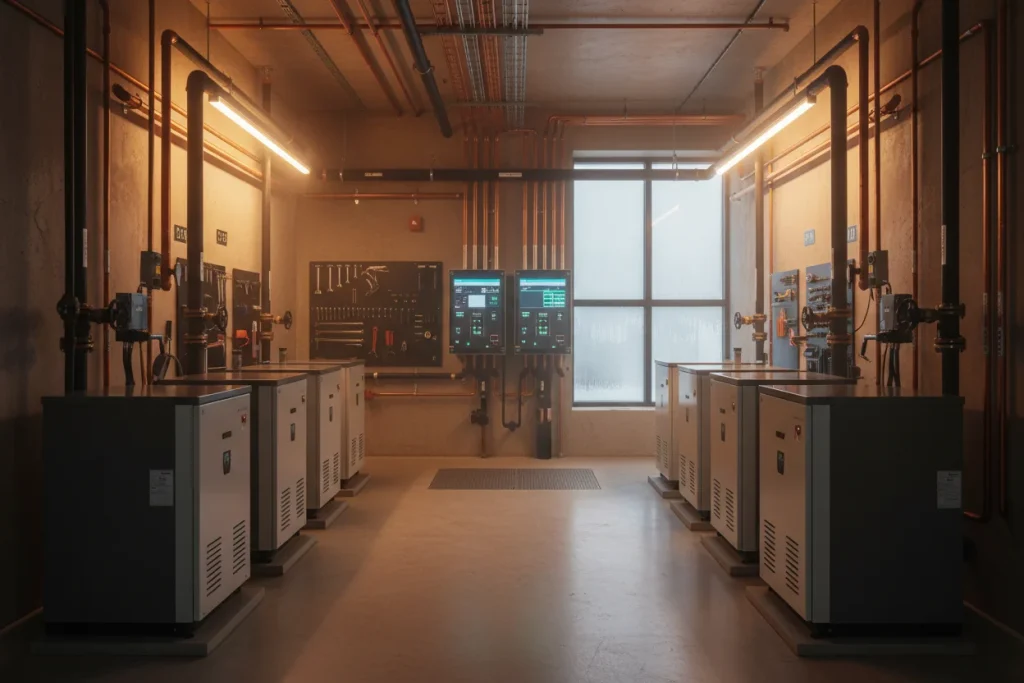 Modern heat pump mechanical systems in a multifamily building mechanical room