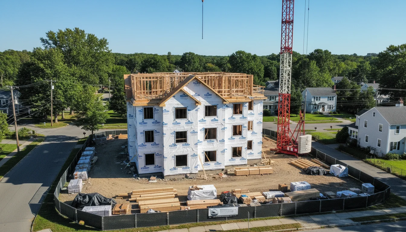 Multifamily residential building under construction in a Massachusetts community
