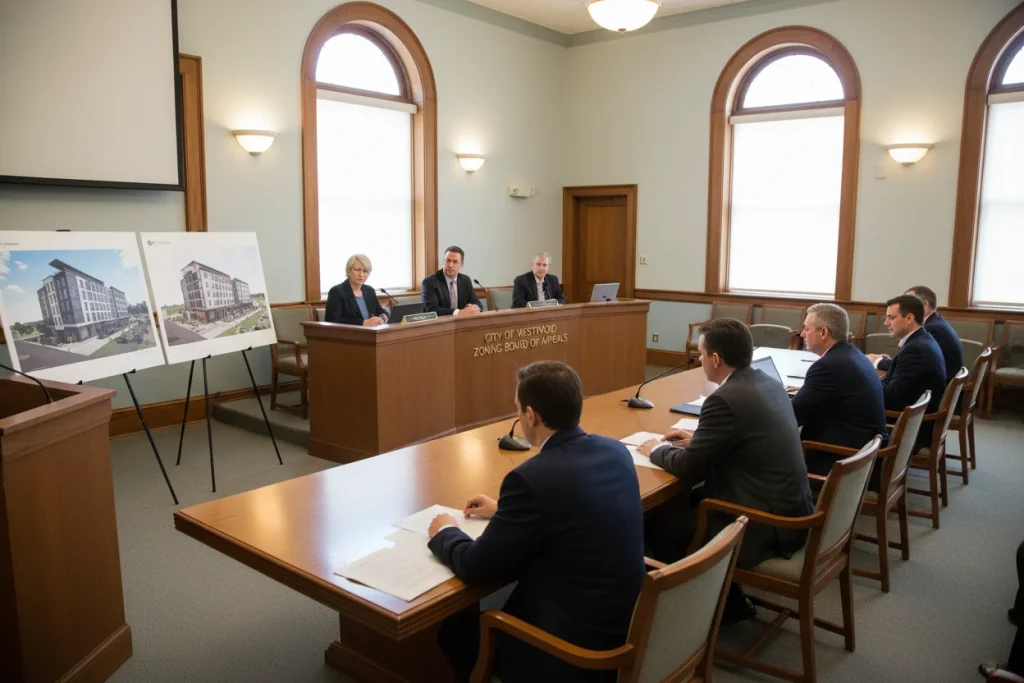 Development team presenting multifamily project plans at a municipal board hearing