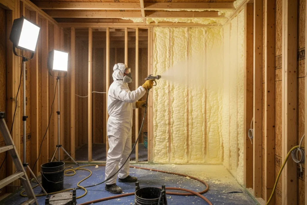 Spray foam insulation being installed in custom home wall cavities for energy efficiency