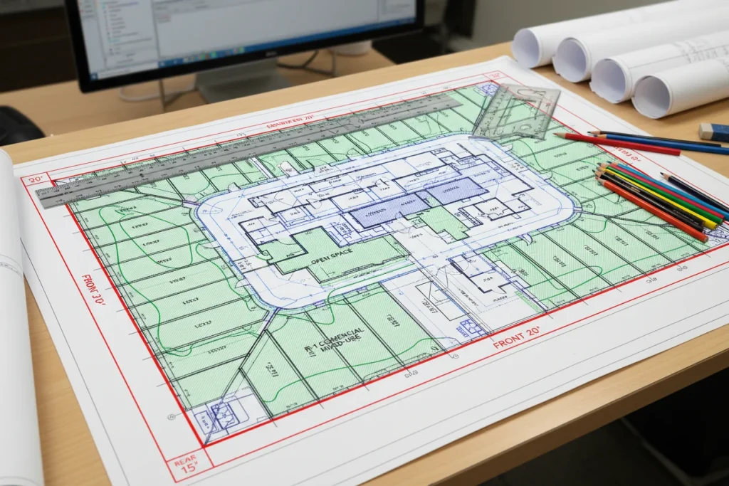 Residential site plan showing zoning setbacks and lot boundaries for Massachusetts building permit