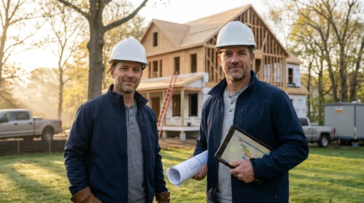 Custom home project manager reviewing construction plans on a North Shore Massachusetts residential build site with framed structure behind.