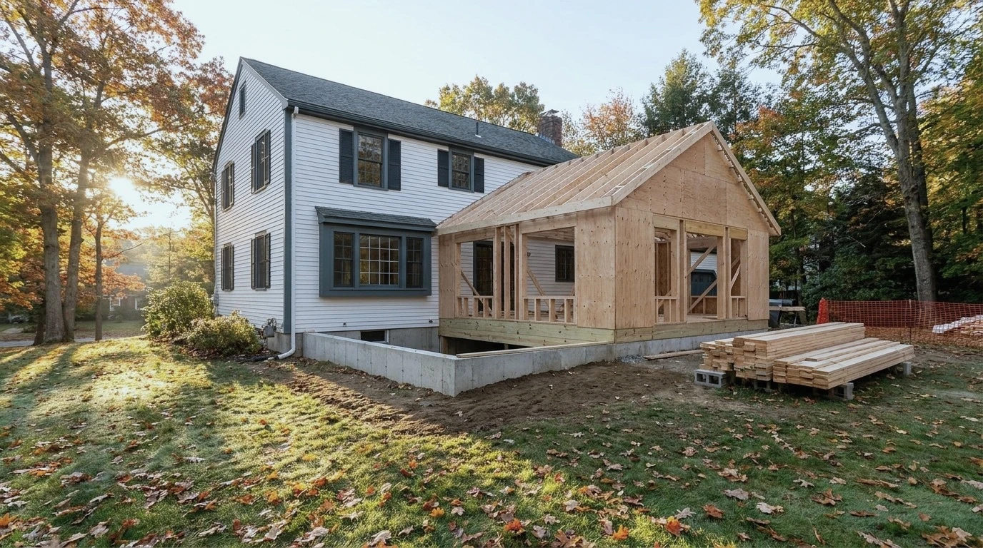 Rear home addition framed against a white colonial house on a wooded North Shore Massachusetts lot in autumn